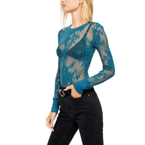 NEW FREE PEOPLE Teal Cool It Mesh Long Sleeve Top - Picture 3 of 12